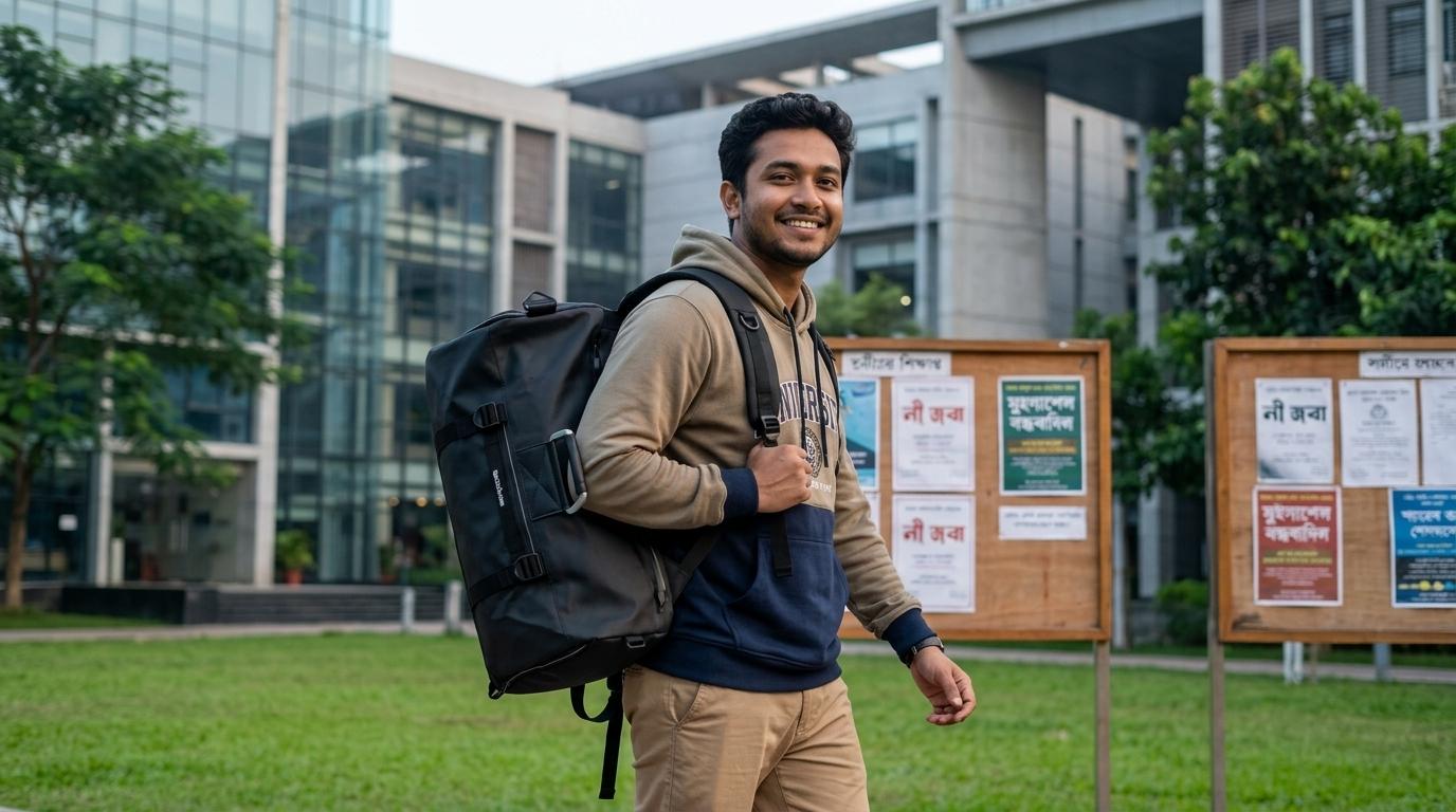 Person wearing the GearBaz convertible bag as a backpack in a real everyday campus setting